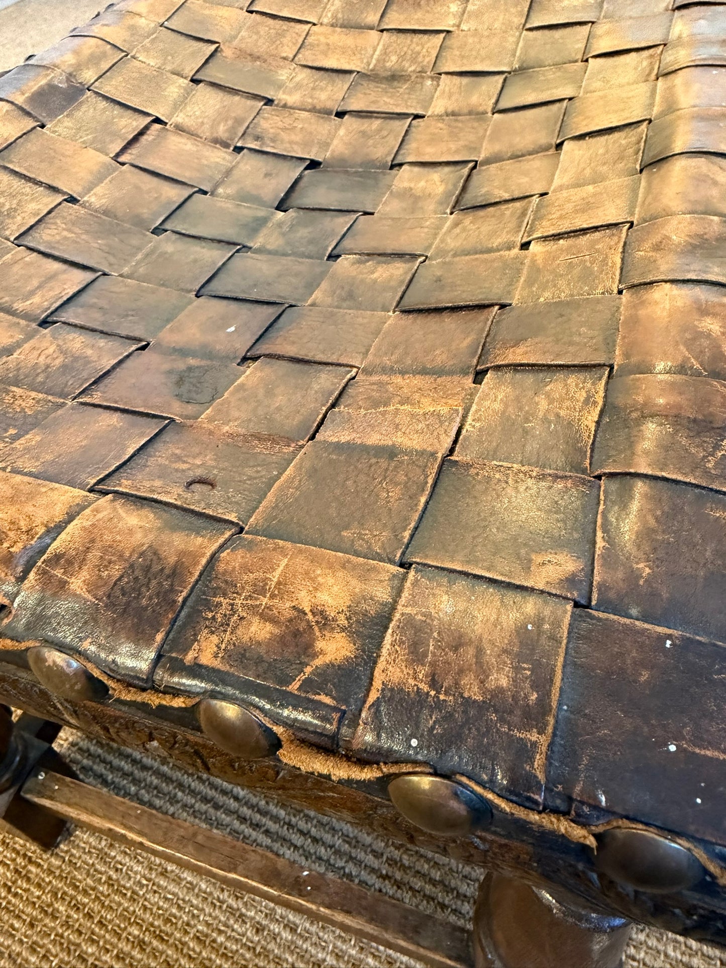 Antique Stool with Leather Strap Seat