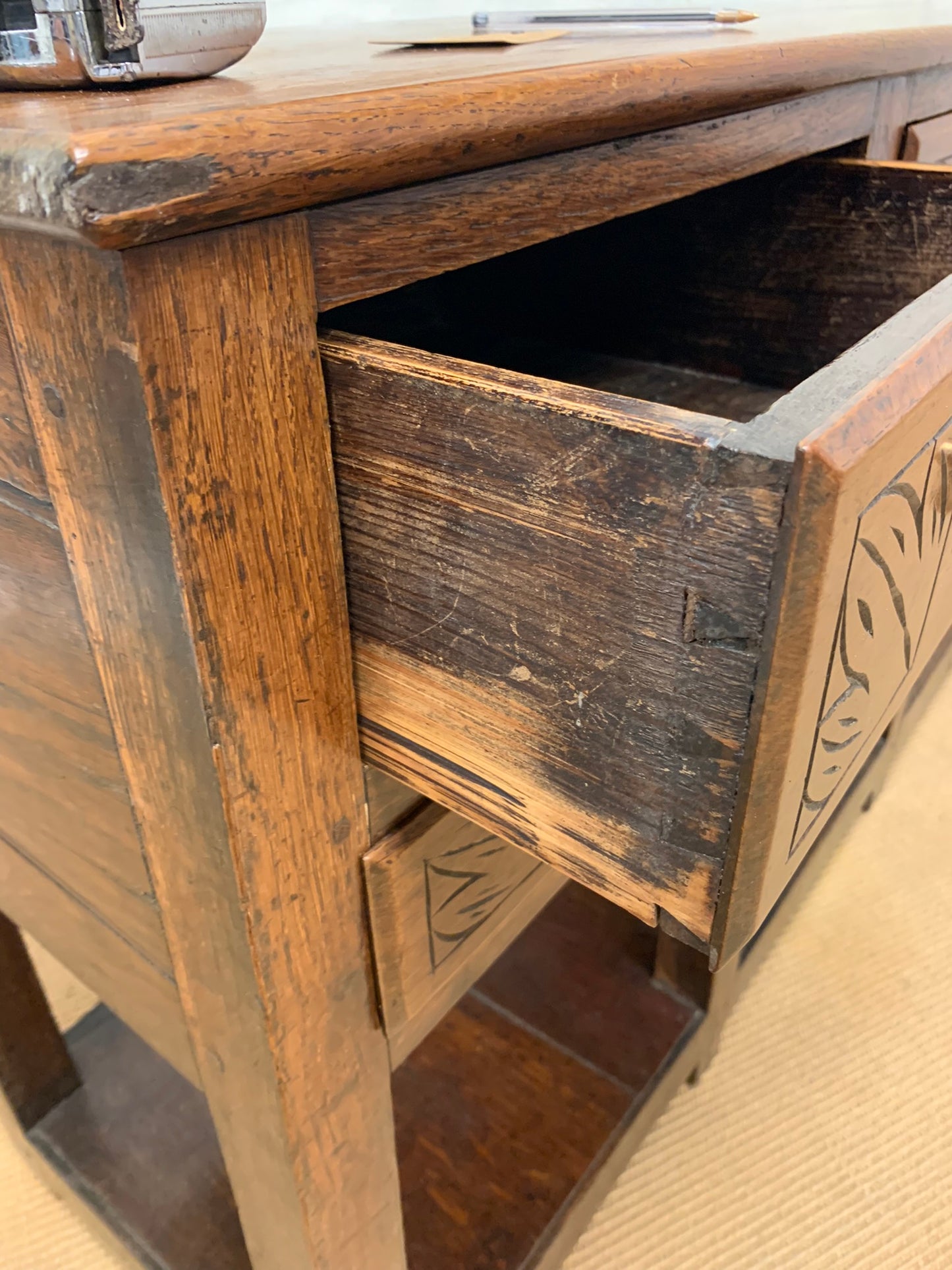 Antique Oak Potboard Server Ca 1840
