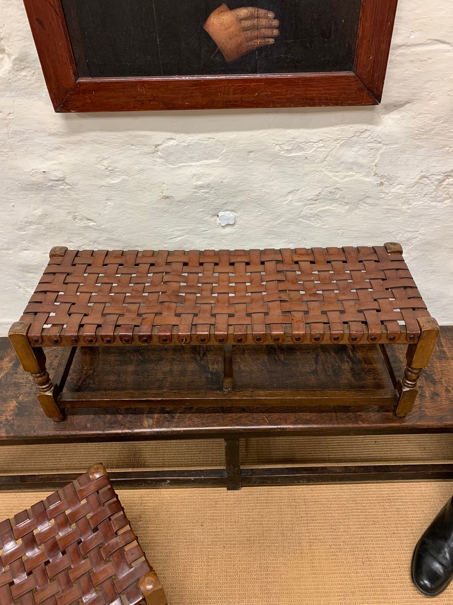 Webbed Leather Long Stool
