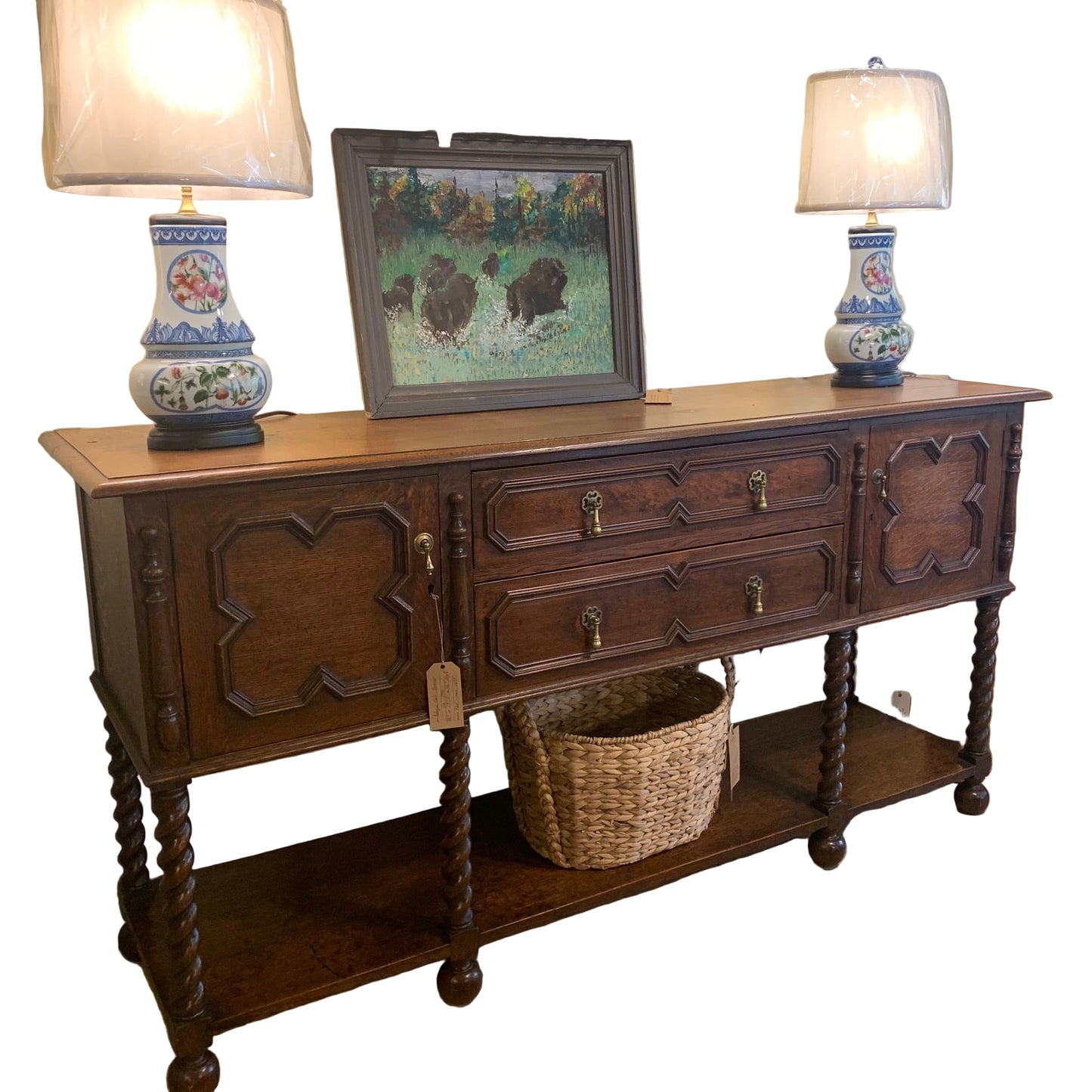 Antique Oak Barley Twist Sideboard with Pot Board Ca 1890