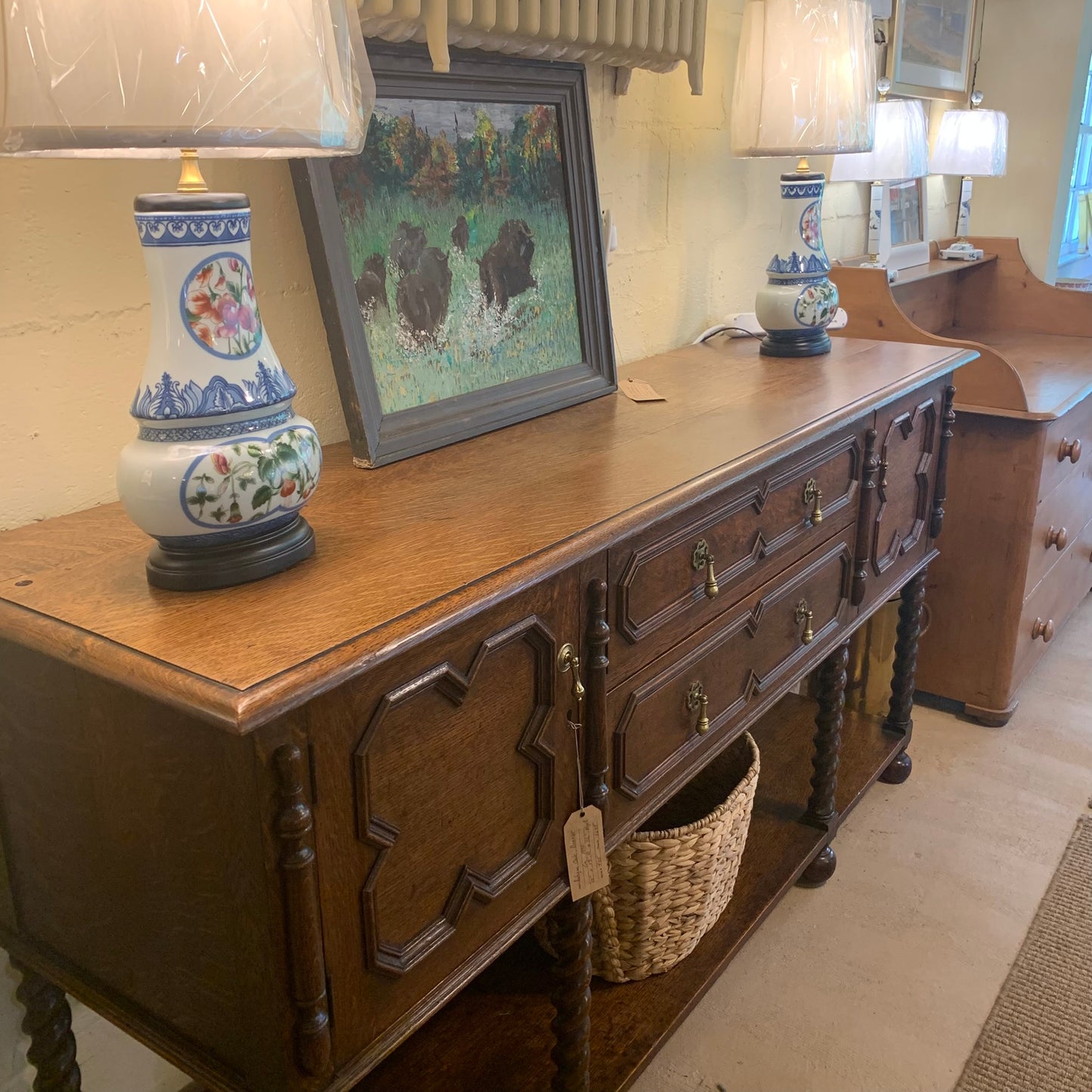 Antique Oak Barley Twist Sideboard with Pot Board Ca 1890