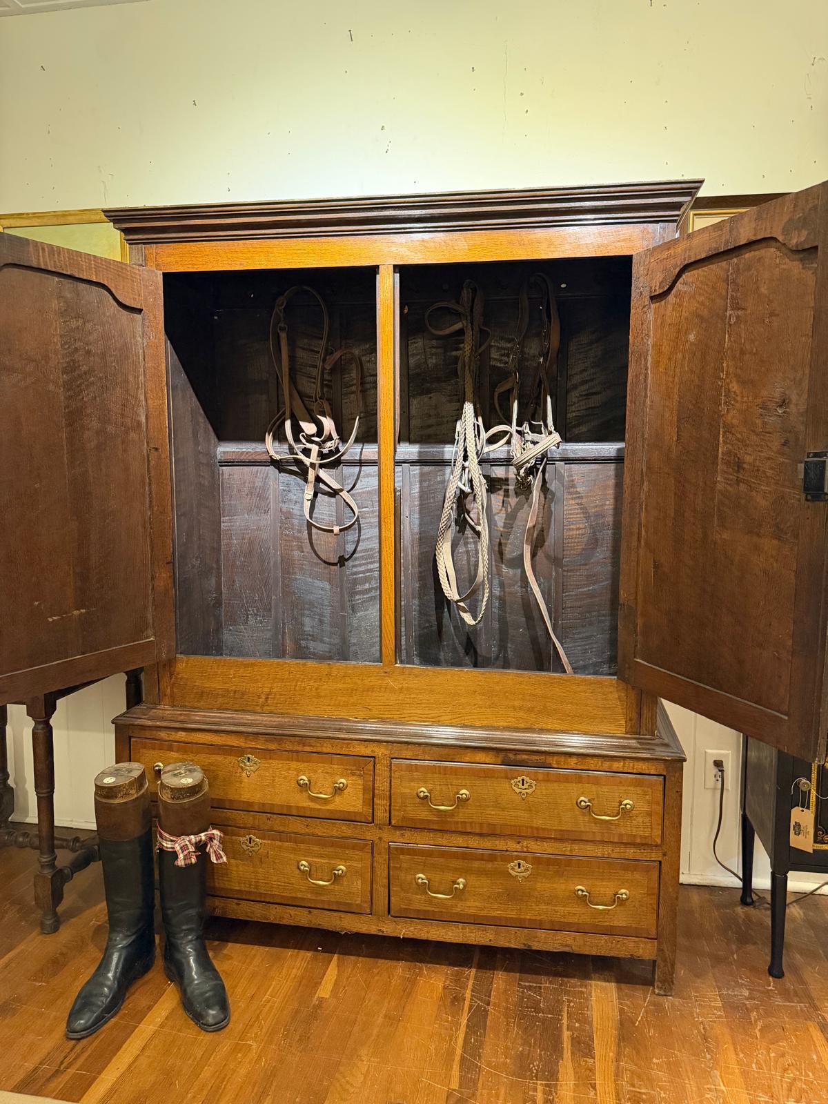 English Antique Oak Tack Cupboard Ca 1840