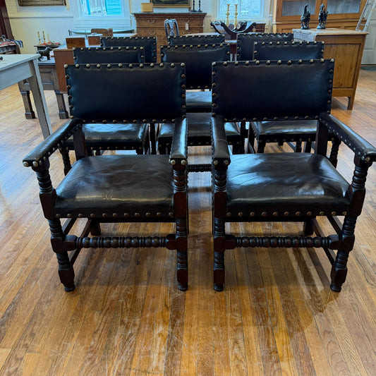 Set  of 8 French  Oak and Leather Chairs