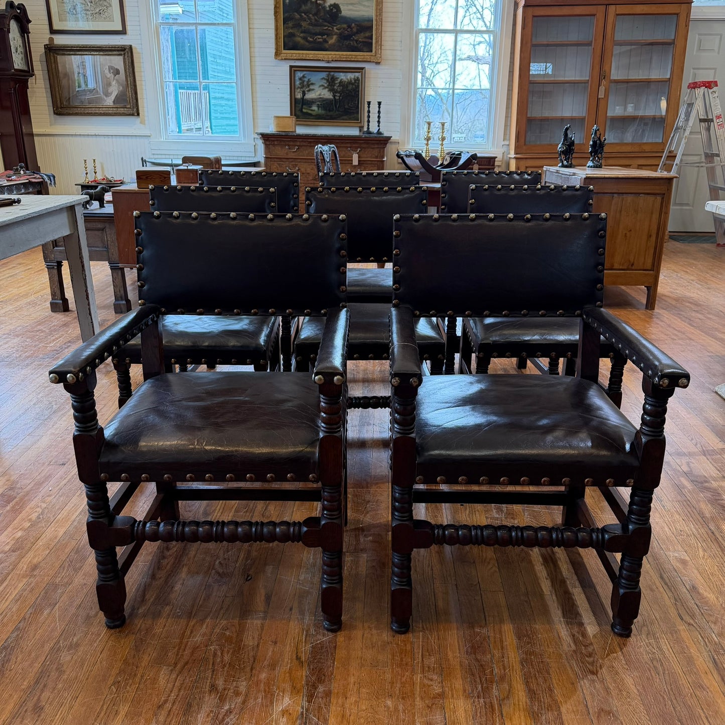 Set  of 8 French  Oak and Leather Chairs