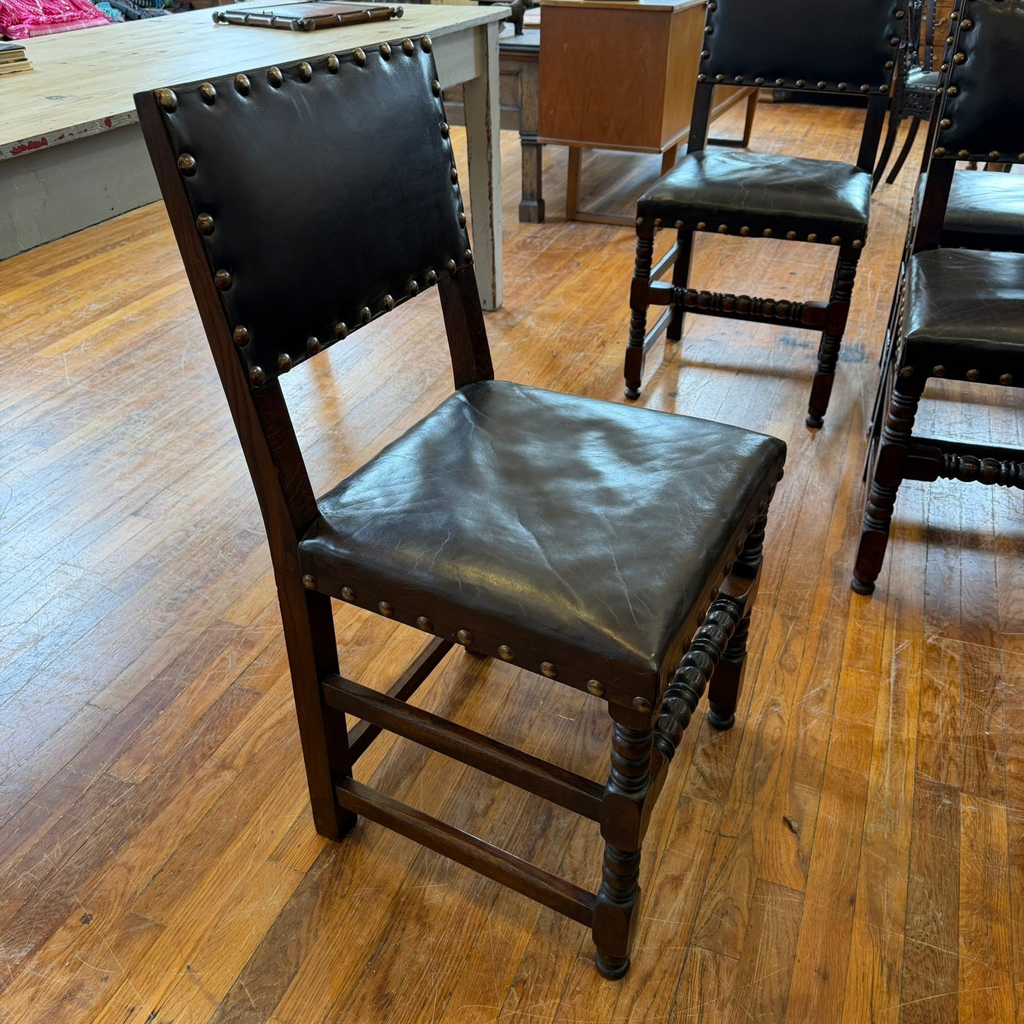 Set  of 8 French  Oak and Leather Chairs