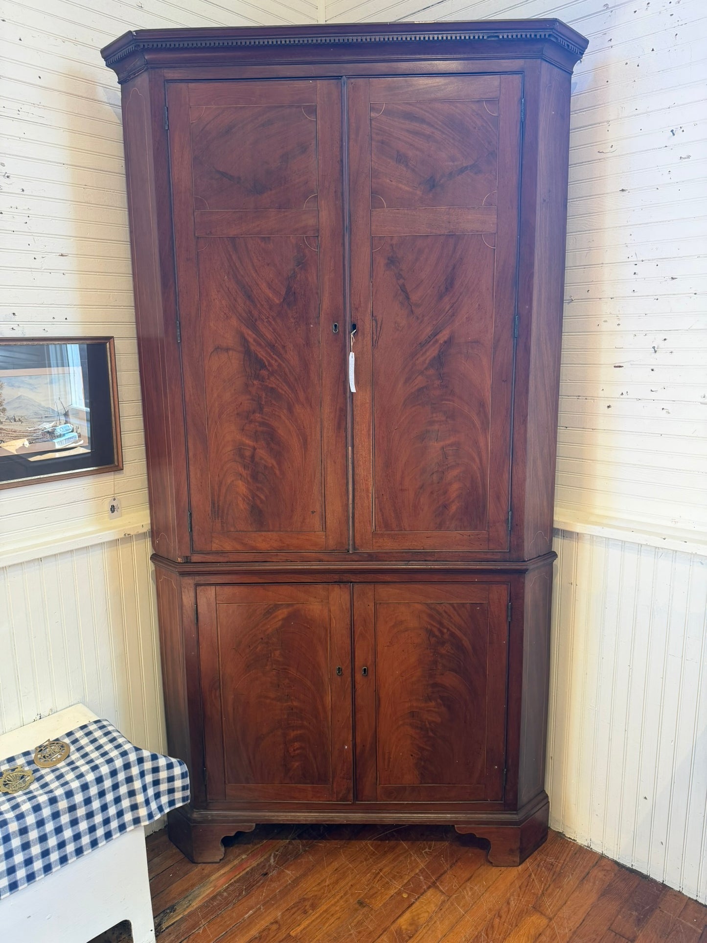 Antique Flame Mahogany 4 Door Corner Cupboard