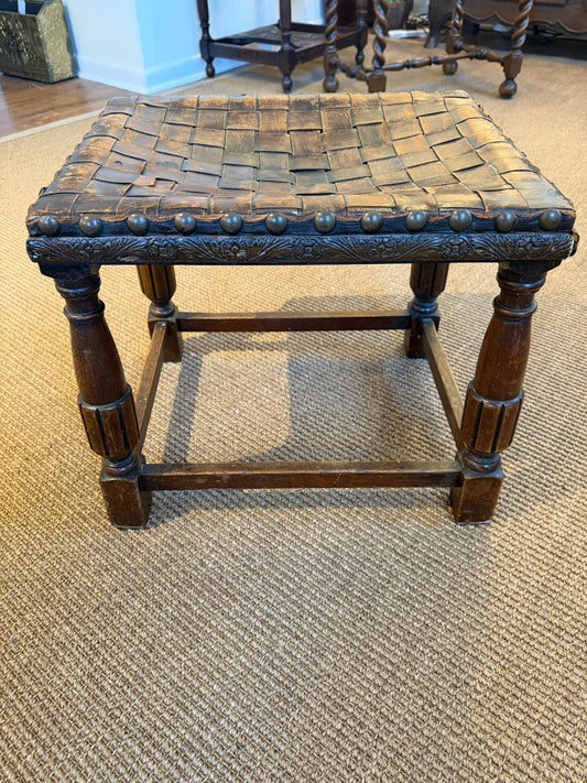 Antique Stool with Leather Strap Seat