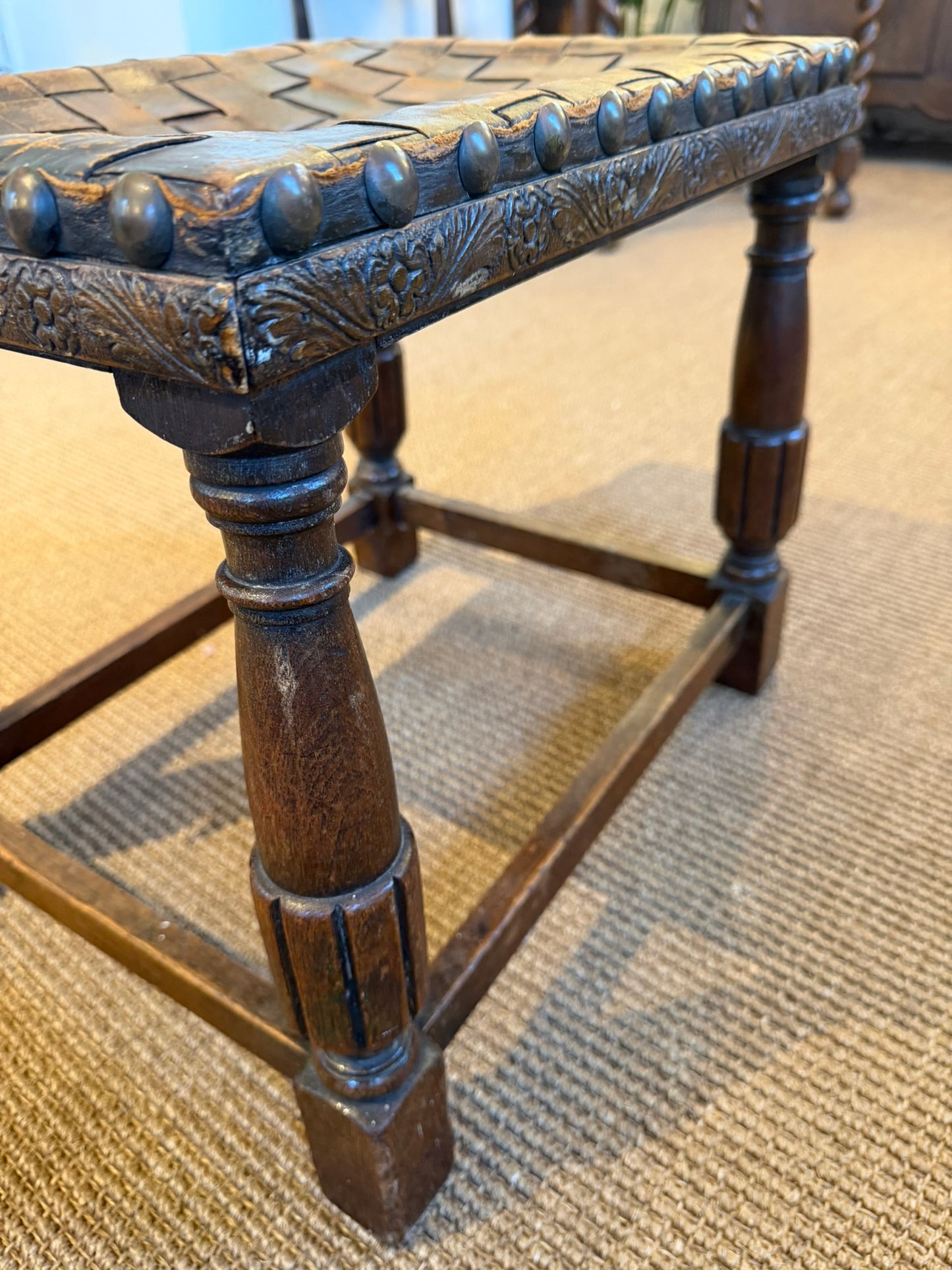 Antique Stool with Leather Strap Seat