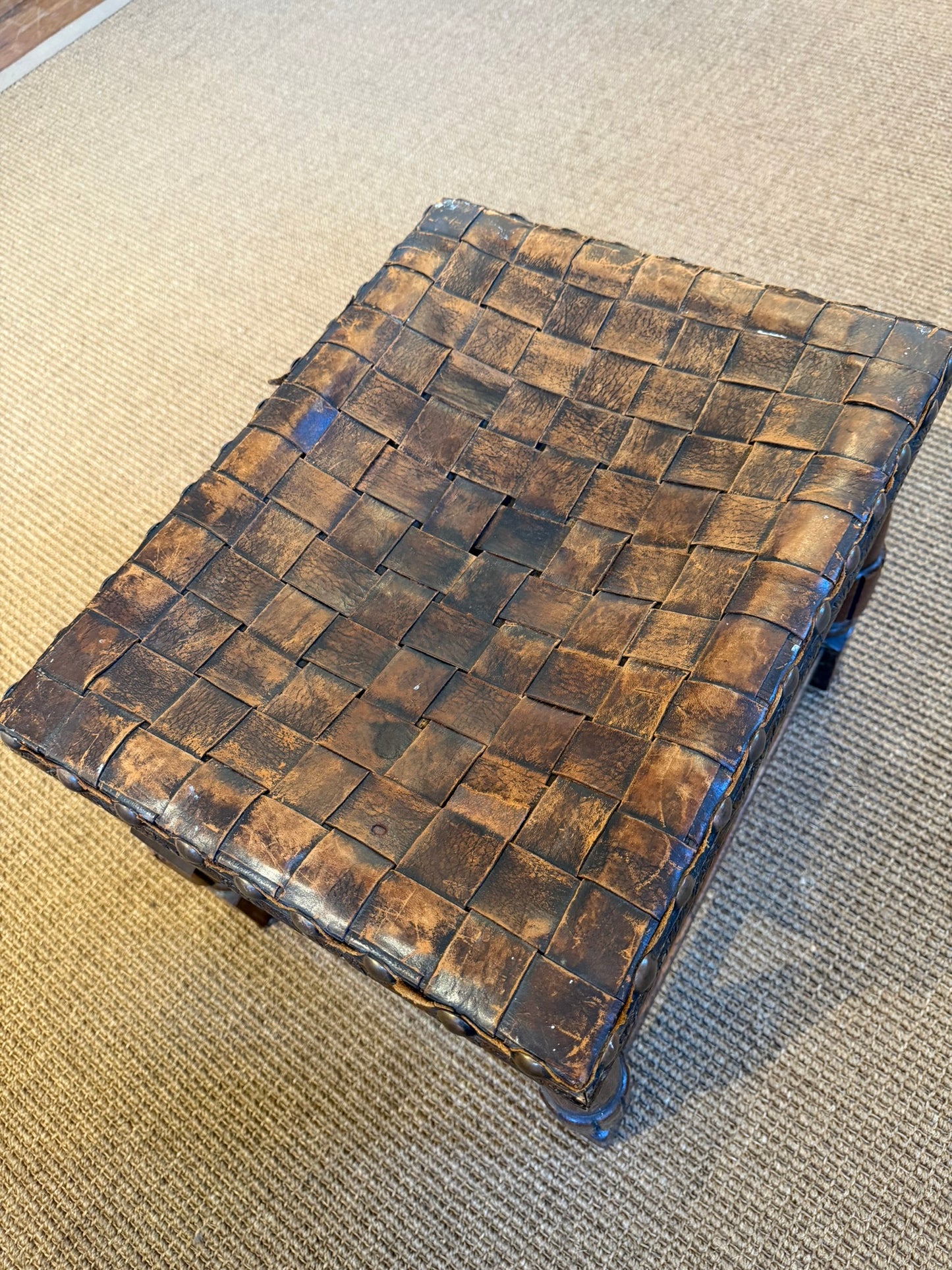 Antique Stool with Leather Strap Seat