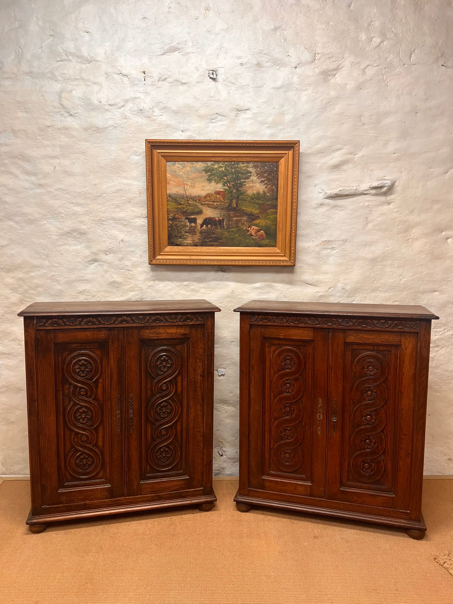Pair of Antique Carved Oak Cabinets