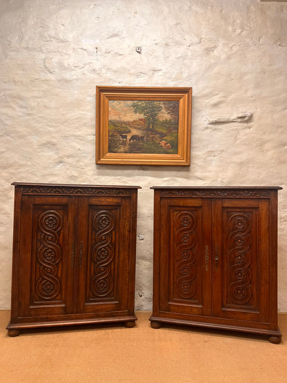 Pair of Antique Carved Oak Cabinets