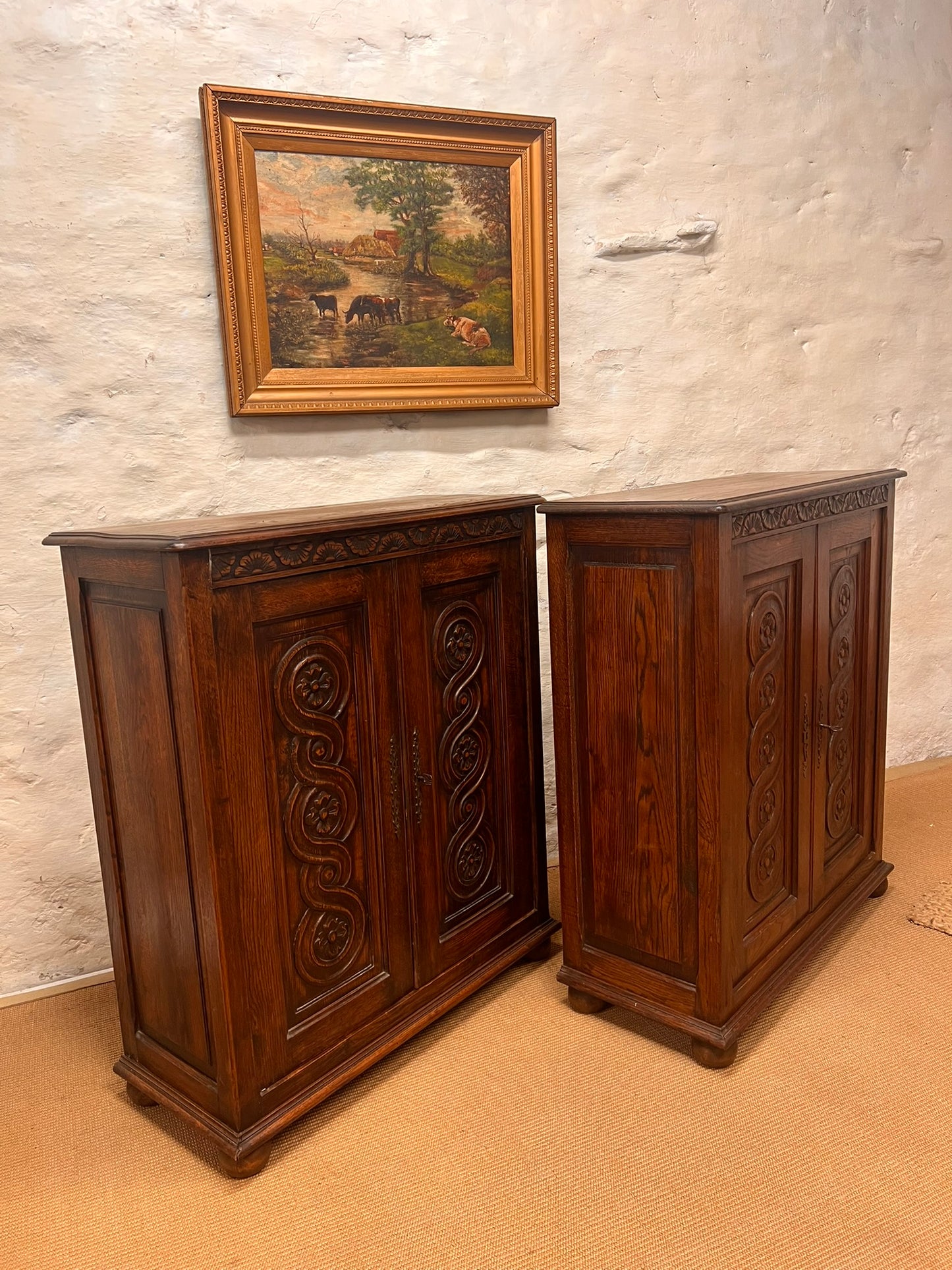 Pair of Antique Carved Oak Cabinets