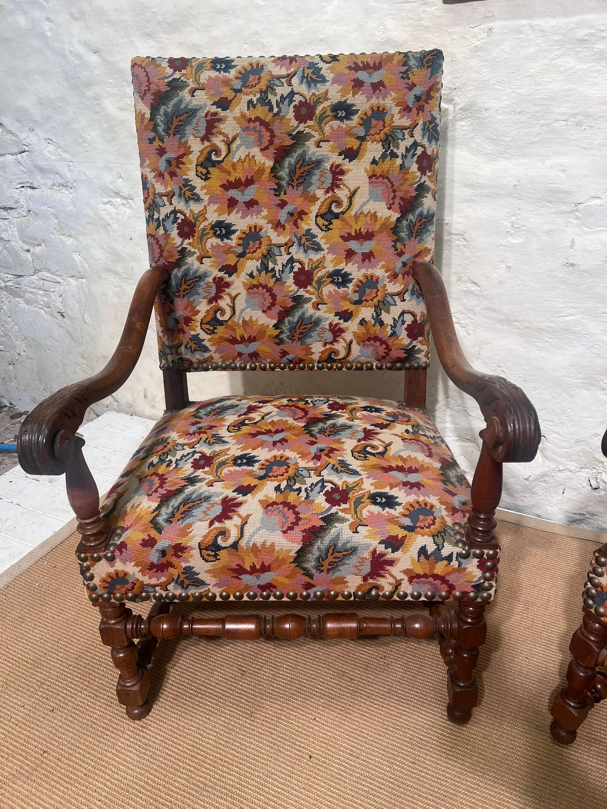 Pair of French walnut Fauteuil Arm Chairs   RM 366