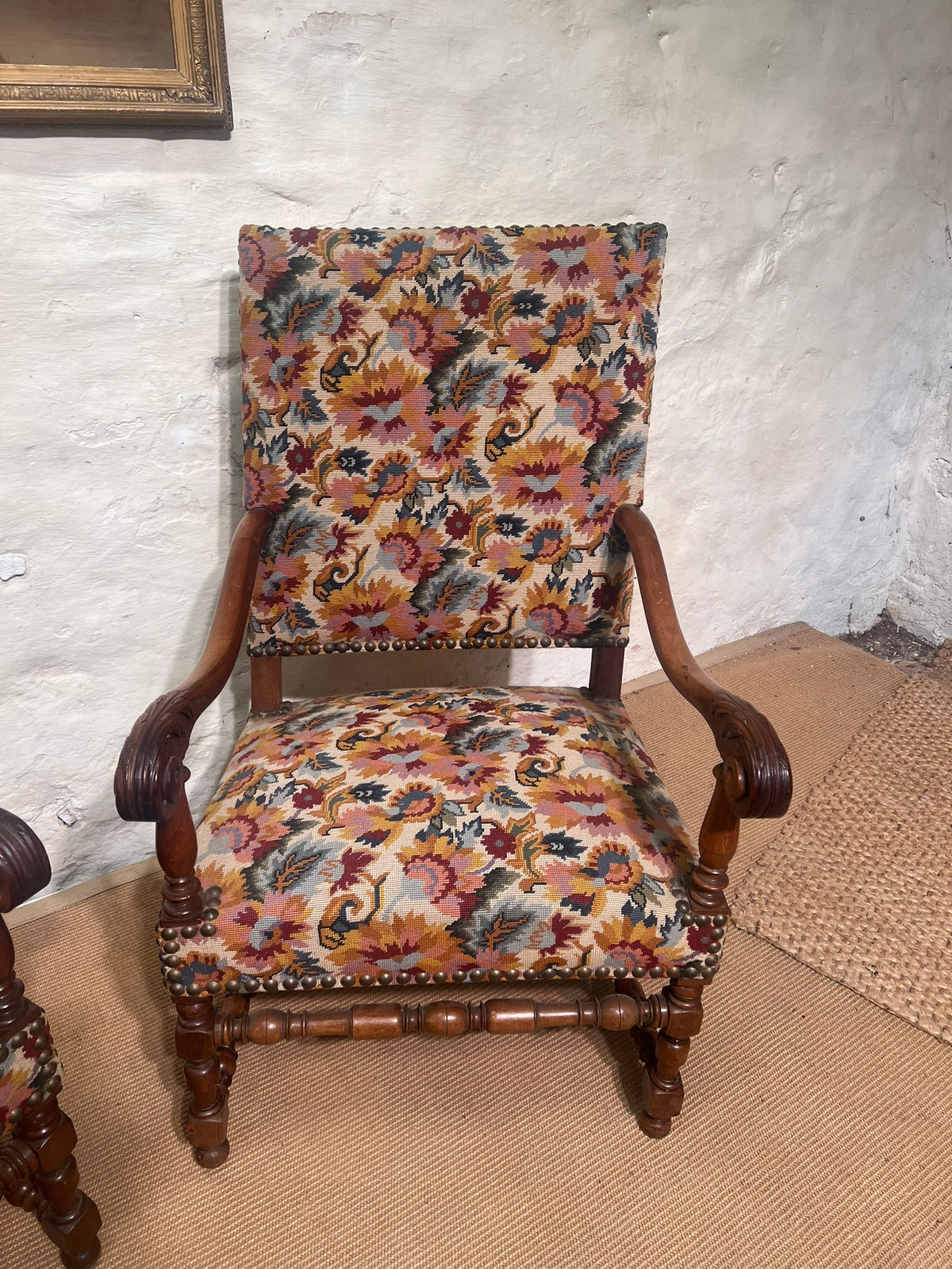 Pair of French walnut Fauteuil Arm Chairs   RM 366