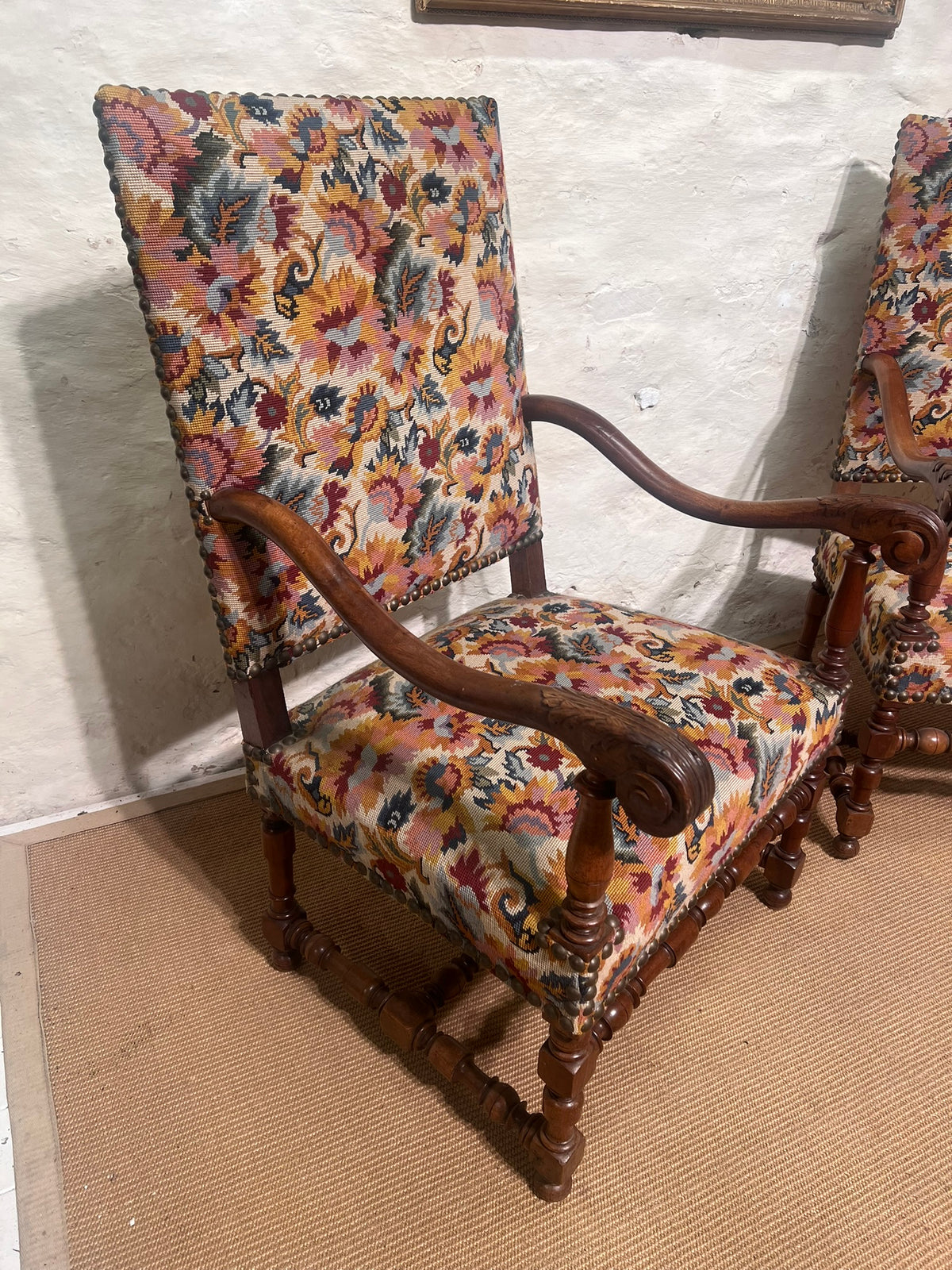Pair of French walnut Fauteuil Arm Chairs   RM 366