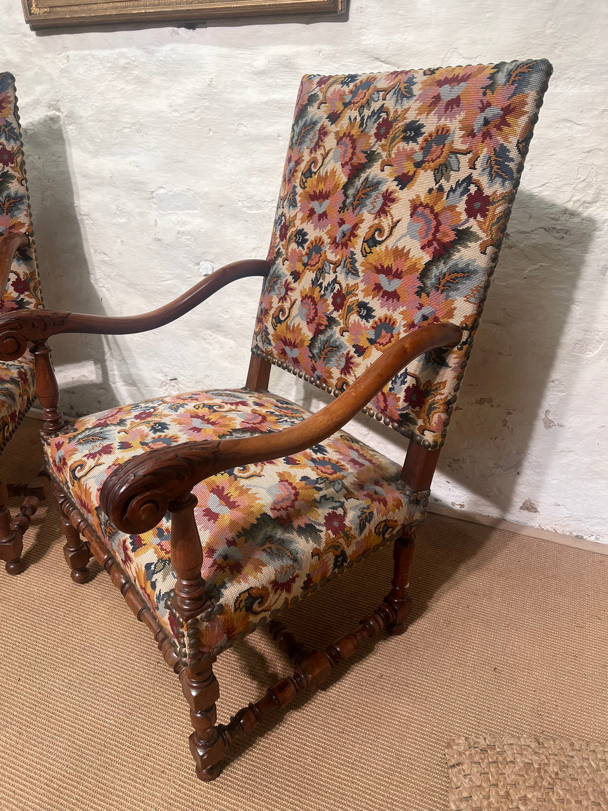 Pair of French walnut Fauteuil Arm Chairs   RM 366