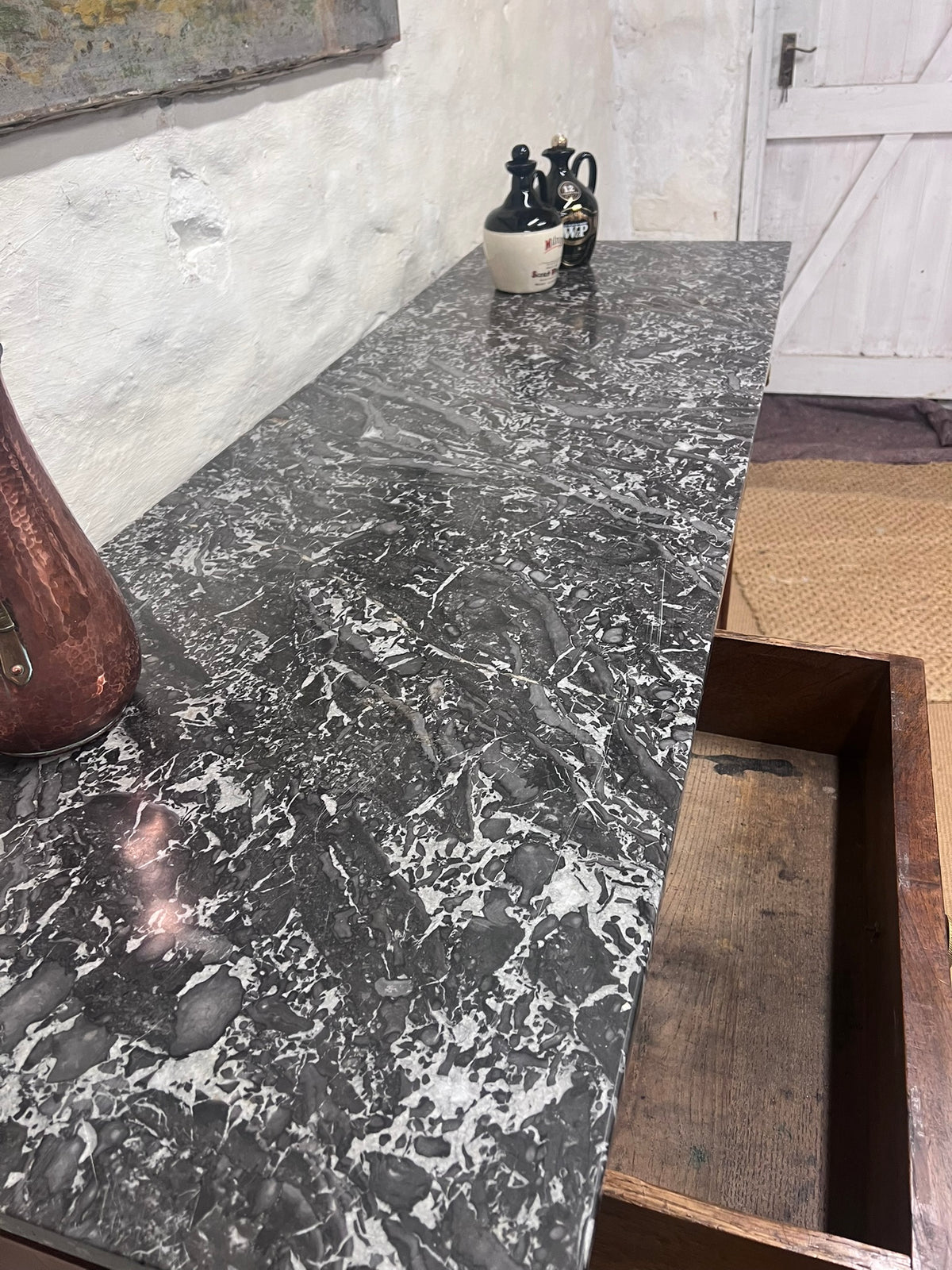 French Burled Walnut Enfilade Server with Marble Top
