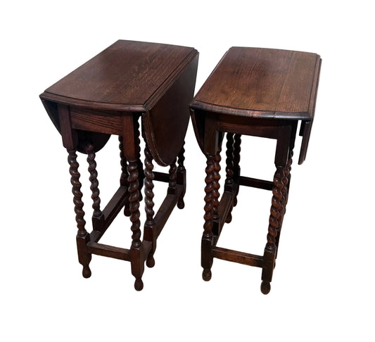 Antique Oak Drop Leaf Barley Twist Side Tables